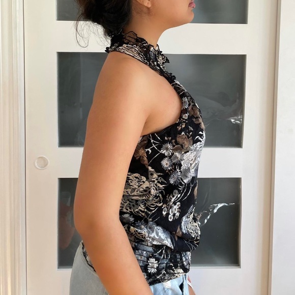 vintage black floral halter turtleneck top - Picture 4 of 4